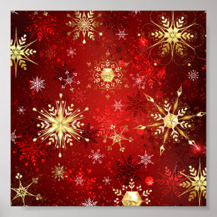 Affiche Christmas Golden Snowflakes on Red Background
