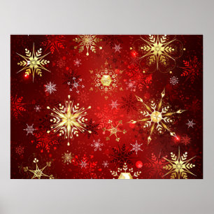 Affiche Christmas Golden Snowflakes on Red Background