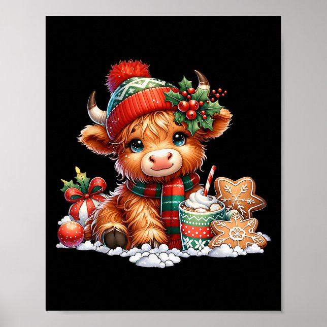 Affiche Christmas Highland Cow Cute Heifer Cow Santa Hat M (Devant)