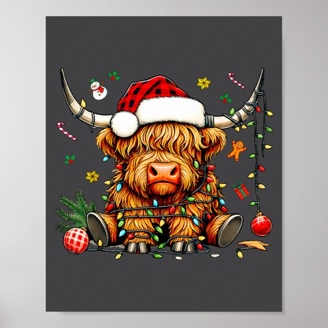 Affiche Christmas Highland Cow Xmas Santa Hat Wooly Farm A (Devant)