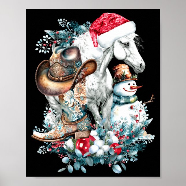 Affiche Christmas Horse In Santa Hat Cowgirl Cowboy Boots  (Devant)