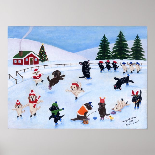 Affiche Christmas Ice Skating Labradors Artwork (Devant)