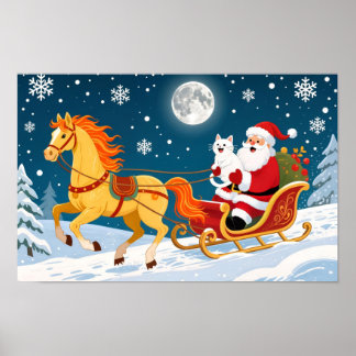Affiche Christmas, New Year, Red Horse, Santa & White Cat