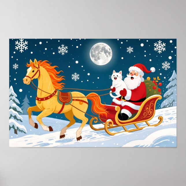 Affiche Christmas, New Year, Red Horse, Santa & White Cat (Devant)