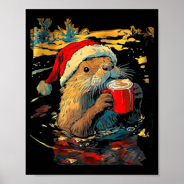 Affiche Christmas Otter Drinks Coffee Art Print  (Devant)