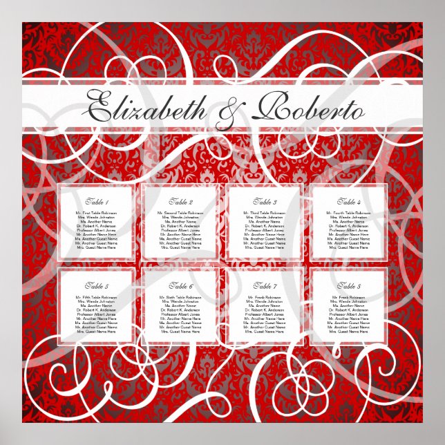 Affiche Christmas Party Red Swirls 8 Table Seating Chart (Devant)