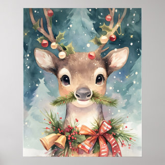 Affiche Christmas Reindeer Watercolor Wall painting Decor