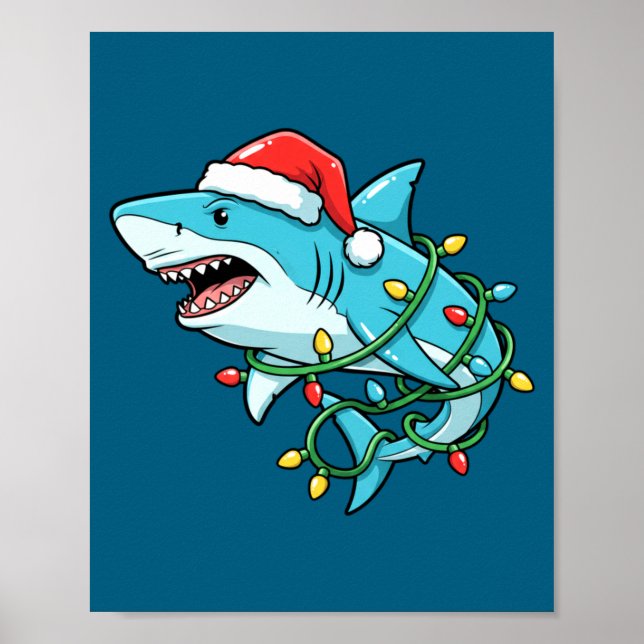 Affiche Christmas Shark Santa Hat Wrapped In Lights Funny  (Devant)