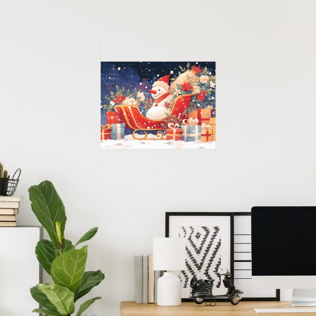 Affiche Christmas Sleigh with Gifts and Snowman (Bureau à domicile)