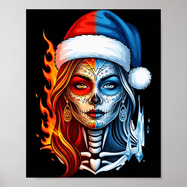 Affiche Christmas Sugar Skull Art Woman Santa Hat Fantasy  (Devant)