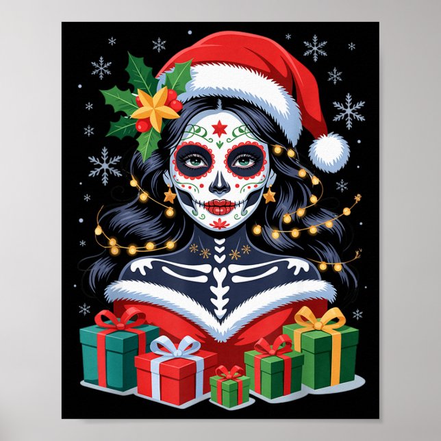 Affiche Christmas Sugar Skull Art Woman Santa Hat Festive  (Devant)