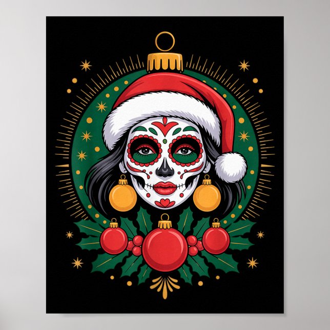 Affiche Christmas Sugar Skull Art Woman Santa Hat Festive  (Devant)