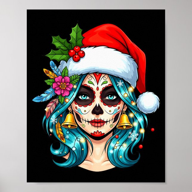 Affiche Christmas Sugar Skull Art Woman Santa Hat Festive  (Devant)