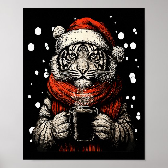 Affiche Christmas Tiger With Santa Hat Coffee Lover Funny  (Devant)