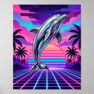 Affiche Chrome Vaporwave Dauphin Rétro Coucher de Soleil