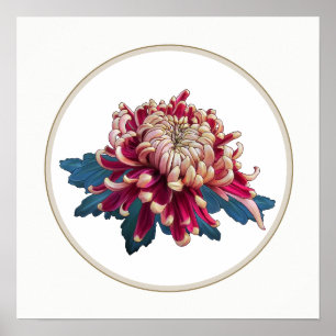 Affiche chrysanthème japonais rouge et jaune cercle blanc