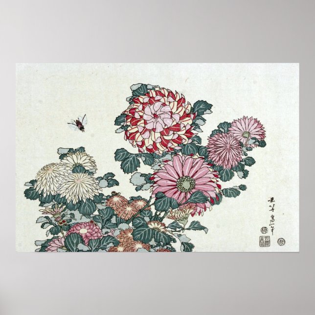 Affiche Chrysanthèmes & Abeille, Art Japonais par Hokusai (Devant)