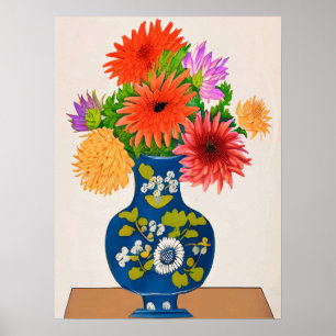 Affiche Chrysanthèmes dans un vase chinois bleu