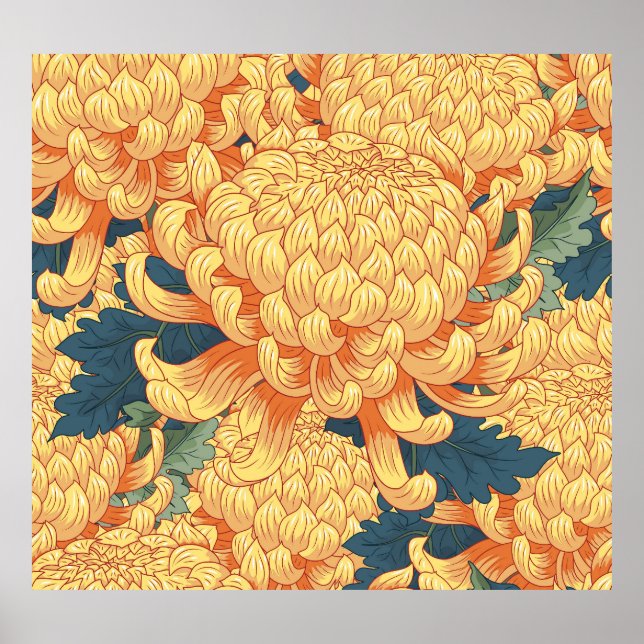Affiche Chrysanthèmes japonais : motif floral jaune. (Devant)