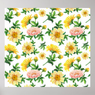 Affiche Chrysanthemums Aquarelle : Design floral incolore