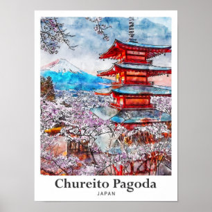 Affiche Chureito Pagoda Japon Voyage Aquarelle main tirée