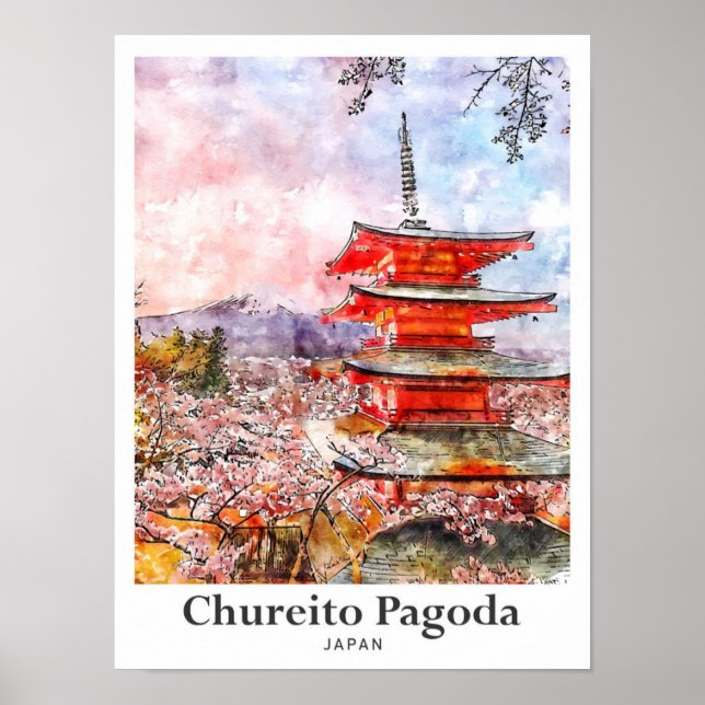 Affiche Chureito Pagoda Japon Voyage Aquarelle main tirée (Devant)