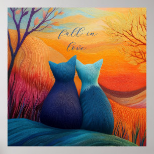 Affiche Chute amoureuse, deux chats en laine et paysage d'