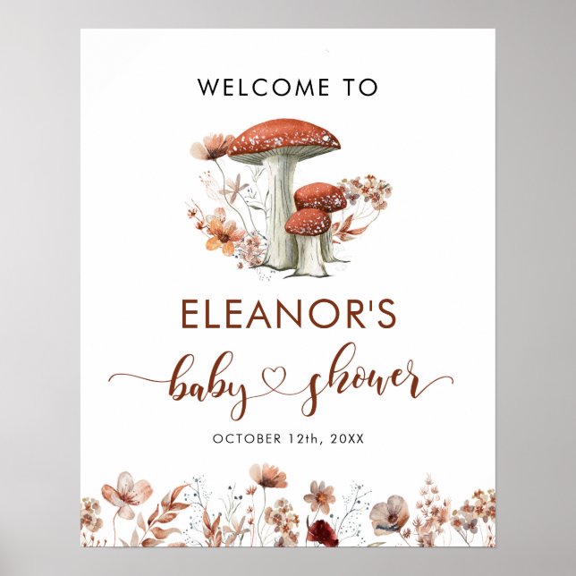 Affiche Chute Boho Champignon Floral Baby shower signe de  (Devant)