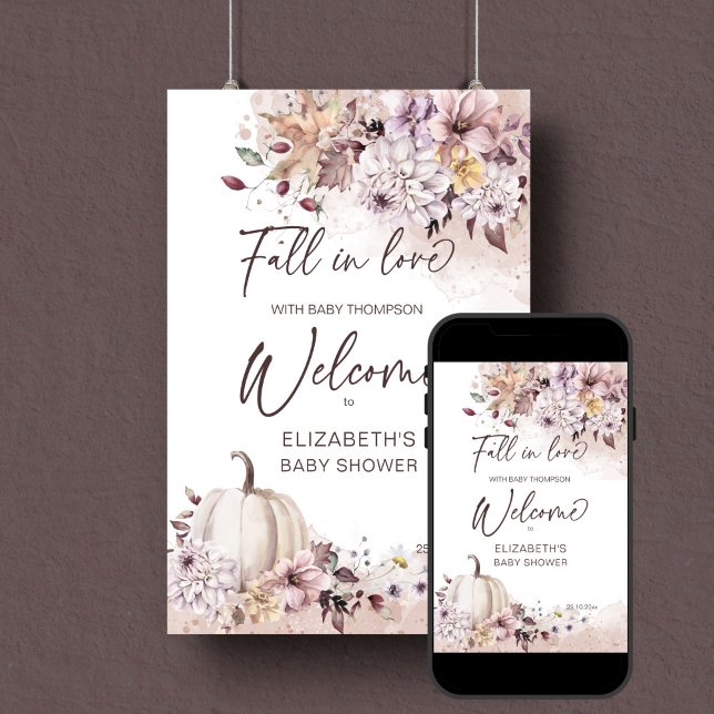 Affiche Chute d'amour baby shower boho pastel signe d'accu (Fall in love boho pumpkin dahlia baby shower editable template welcome sign instant digital download)