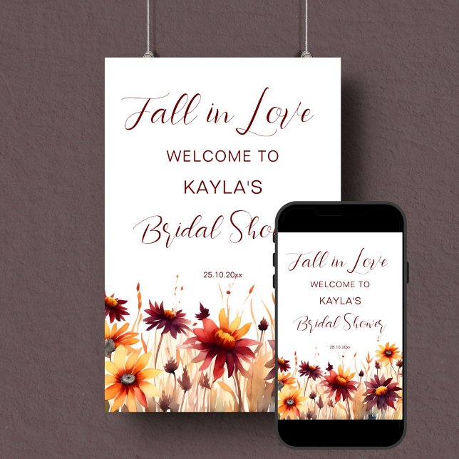 Affiche Chute d'amour burgundy signe de bienvenue (Fall in love bridal shower welcome sign poster template  digital download burgundy dahlias daisies)