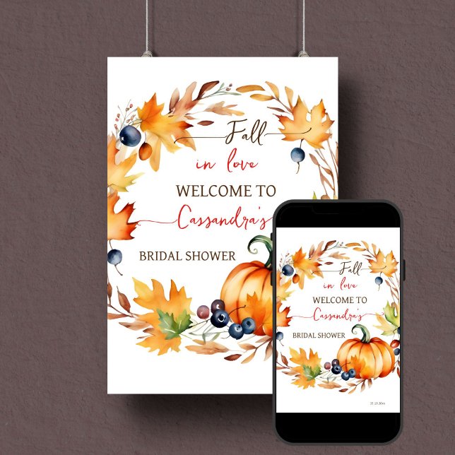 Affiche Chute d'amour citrouille douche de nuptiale signe  (Fall in love bridal shower welcome sign template instant digital download pumpkin leaves wreath)