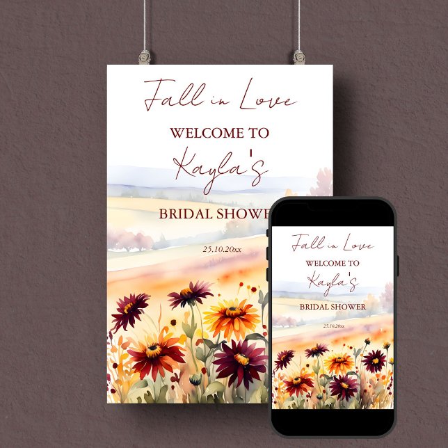 Affiche Chute d'amour dahlias signe de bienvenue (Fall in love bridal shower welcome sign template poster digital download burgundy yellow dahlias)