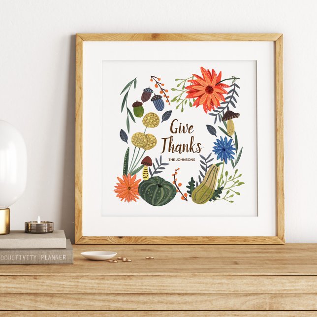 Affiche Chute du champignon floral mignonne Thanksgiving (Cute Thanksgiving floral mushroom fall Poster)
