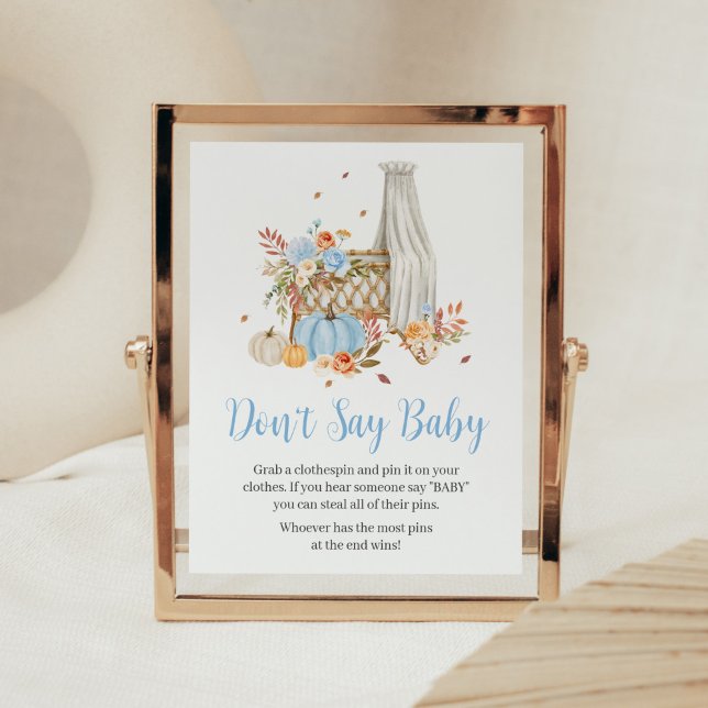 Affiche Chute en amour Automne Bleu Citrouille Ne pas dire (Floral Blue Pumpkin Baby Shower Don't Say Baby Sign)