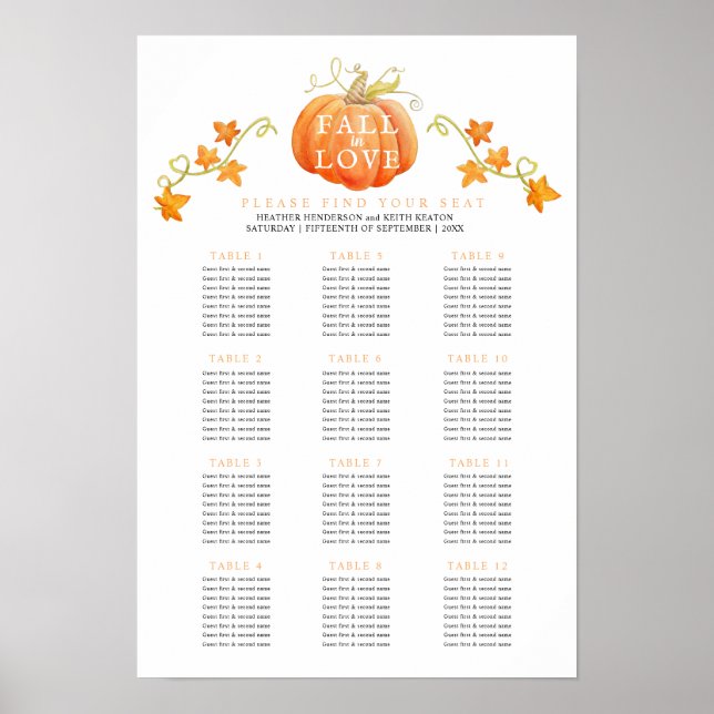 Affiche Chute en amour citrouille 12 tables mariages plan (Devant)