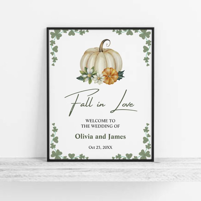 Affiche Chute en amour Citrouille Sage Green Mariage Bienv (Fall in Love Pumpkin Greenery Sage Green Wedding Welcome Sign   )