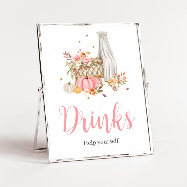 Affiche Chute En Amour Pink Pumpkin Boissons Bébé Douche (Fall Autumn Pumpkin Baby Shower Drinks Sign)