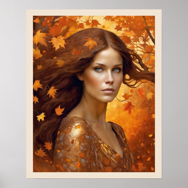 Affiche Chute Femme dans le vent Feuille Orange Blue Eyes  (Devant)