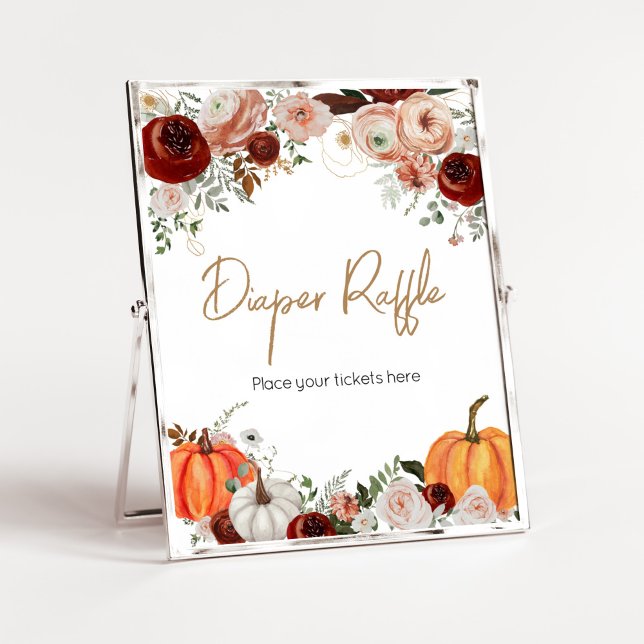 Affiche Chute Marsala Bourgogne Citrouille Floral Raffin (Fall Floral Pumpkin Baby Shower Diaper Raffle Sign)