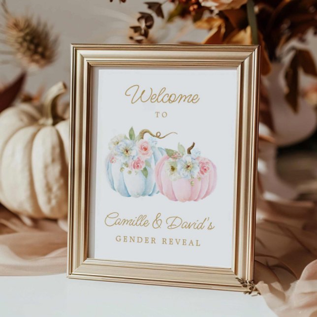 Affiche Chute rose et bleu Citrouille Révélation de genre  (Fall Gender Reveal Baby Shower Welcome Sign)