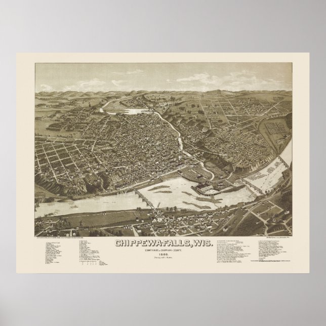 Affiche Chutes de Chippewa, WI Carte panoramique - 1886 (Devant)