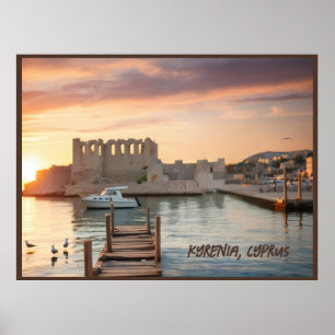Affiche Chypre Kyrenia Aquarelle croquis avec Yacht