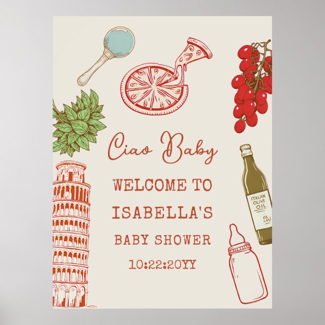Affiche Ciao Baby Line Art Italian Pizza Baby Shower (Devant)