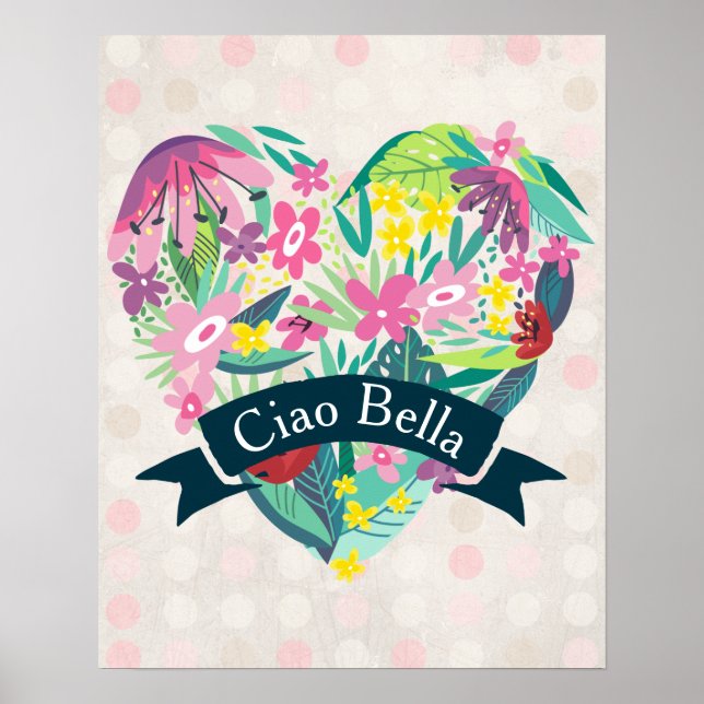Affiche Ciao Bella Cute Floral Heart on Pink Circles (Devant)
