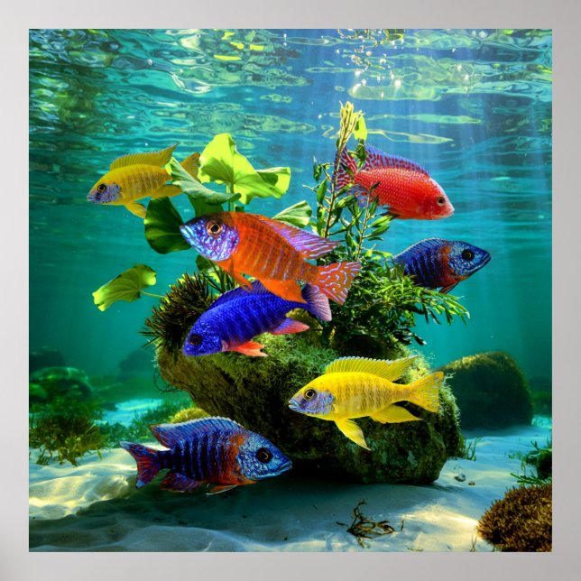 Affiche Cichlids Africains Peacock Cichlid Aquarium Art (Devant)
