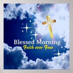 Affiche Ciel bleu avec nuages blancs et Croix d'or