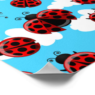 Affiche Ciel Bleu Nuages Blancs Coléoptère Coccinelle Roug