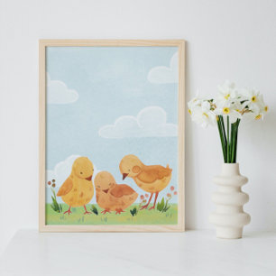 Affiche Ciel bleu nuages poussins fleurs en aquarelle pour