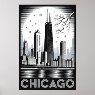 Affiche Ciel de Chicago Illinois Gravure Noir Blanc