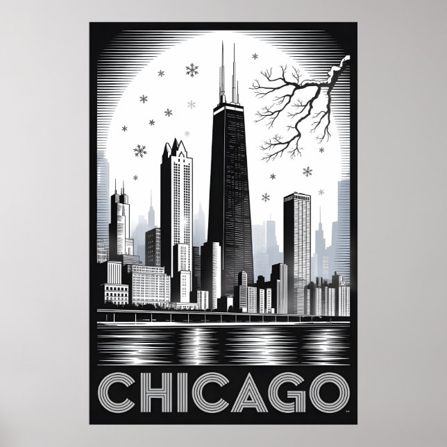 Affiche Ciel de Chicago Illinois Gravure Noir Blanc (Devant)
